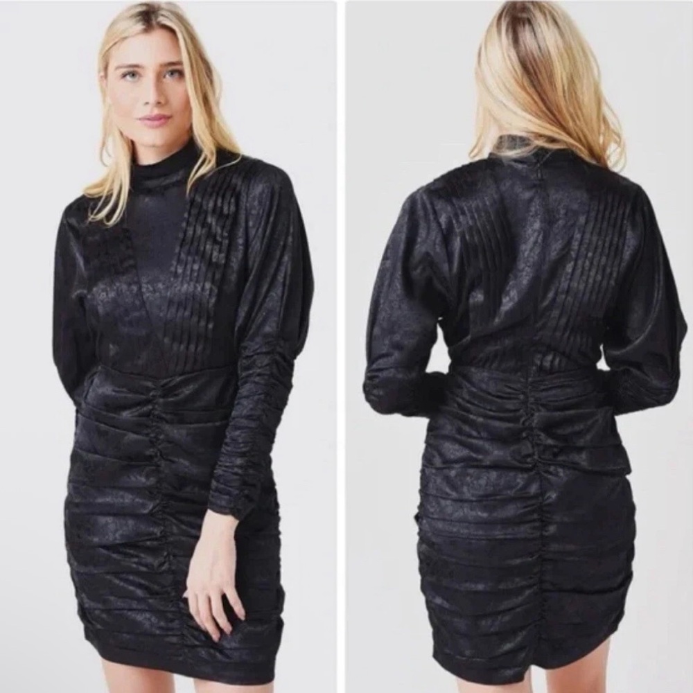 HUNTER BELL Ariana Mini Dress Long‎ Sleeve Womens Size 4 Ruched Pleats Black